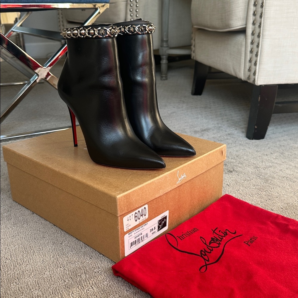 Christian Louboutin Black Leather Chain 100mm Boots Studded Shoes 39.5EU/9US